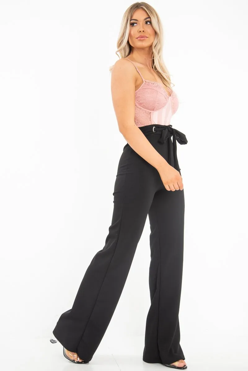 Black Wide Leg Tie Waist Trousers - Robynn