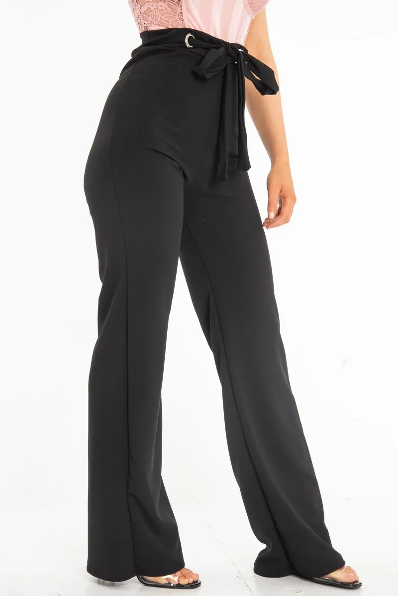 Black Wide Leg Tie Waist Trousers - Robynn