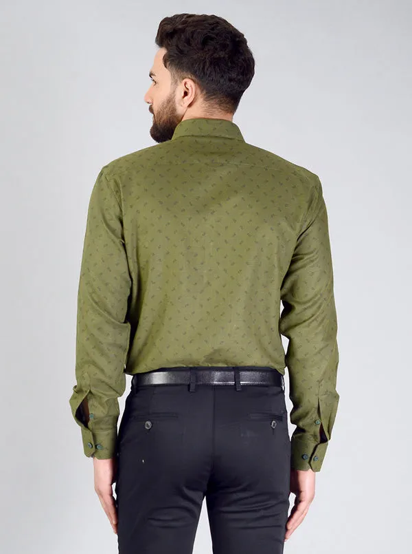 Dark Green Printed Regular Fit Formal Shirt | JadeBlue