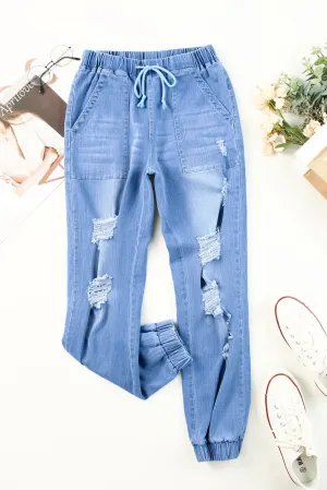 Distressed Denim Pocketed Joggers