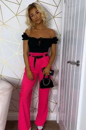 Fuchsia High Waist Paper Bag Buckle Belt Trousers - Ivyonna