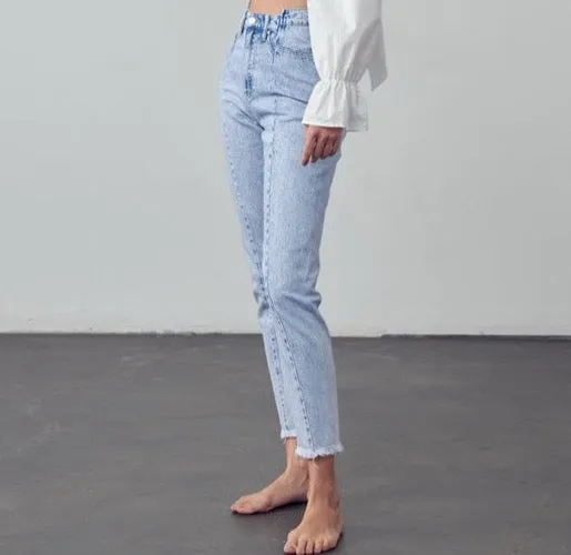 High Waist Frayed Tapered Jeans