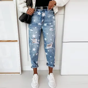 JuliaFashion - 2024 Women's High Waist Jeans Fashion Printed Washed Blue Pants