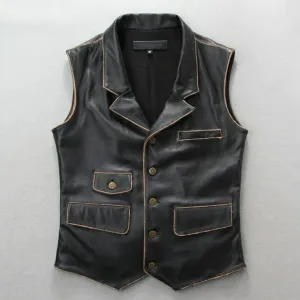 Men's Distressed Black Leather Motorcycle Vest - Real Leather Biker Vest