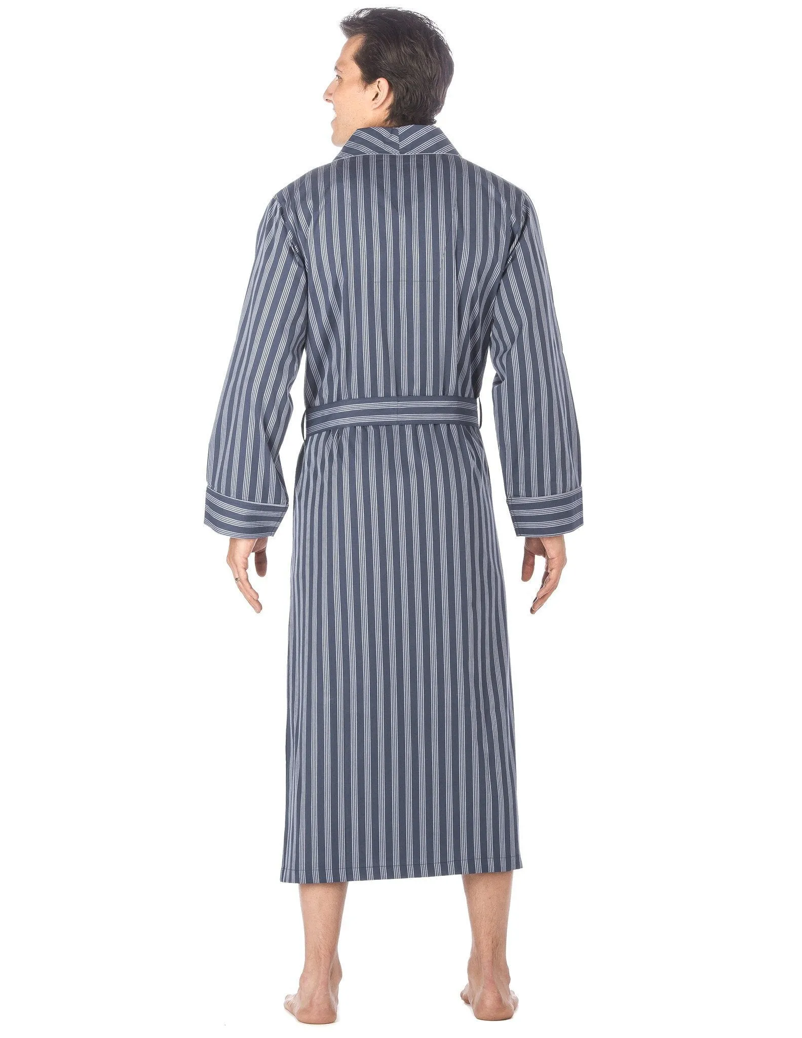 Men's Premium 100% Cotton Full-Length Robe - Stripes Blue Tone