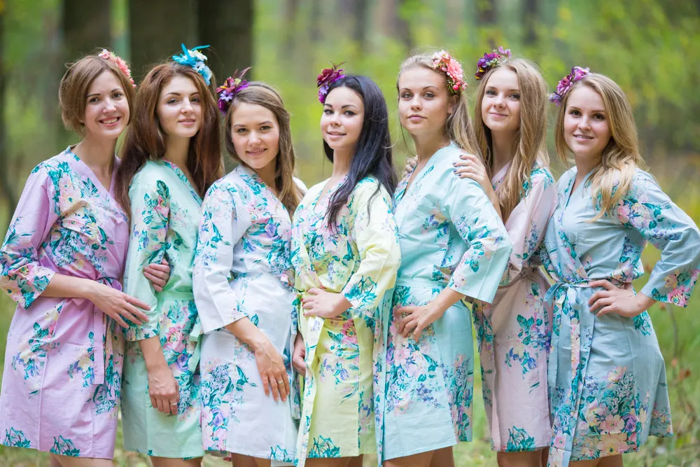 Mismatched Blooming Flowers Patterned Bridesmaids Robes in Soft Tones