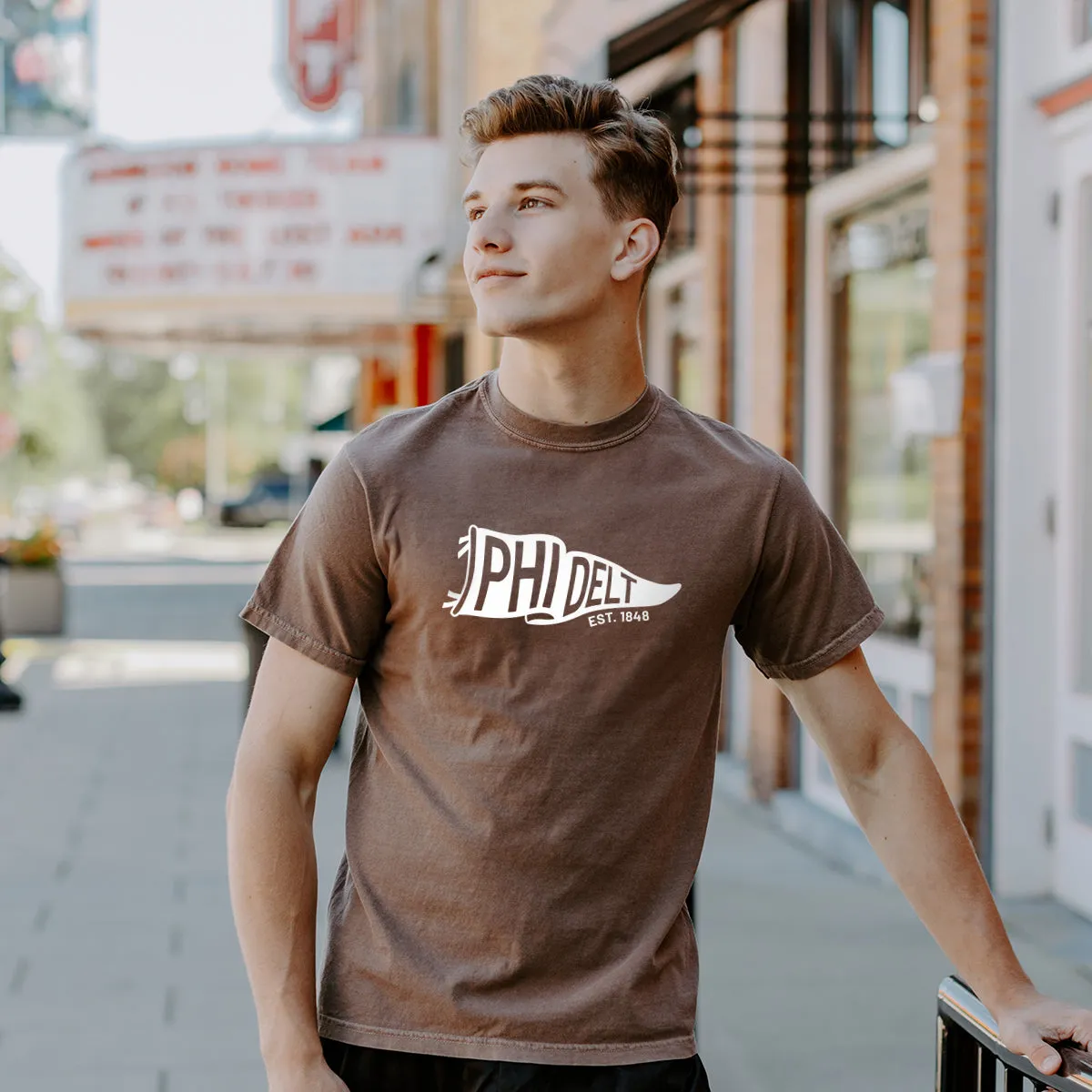 New! Phi Delt Comfort Colors Brown Pennant Short Sleeve Tee