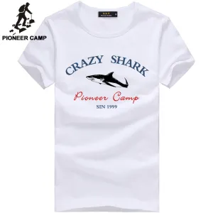 Pioneer Camp brand short summer men tshirt comfortable breathable blue t shirt male fashion cotton t-shirt shark pattern 405047