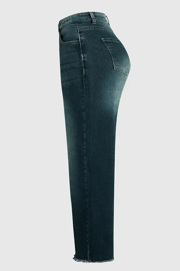 Stylish Raw-edge Mid-rise Pocket Stretch Straight-leg Jeans