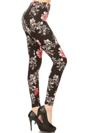 Women's Plus Red Big Yellow Small Flower Pattern Printed Leggings